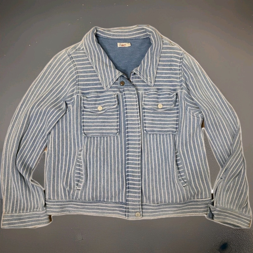 Faherty Terry Jacket Size XL Indigo Blue Stripe Zip Up Lightweight 100% Cotton